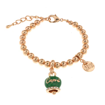 Amo Capri – Bracciale in Metallo con campanella portafortuna verde e scritta Capri