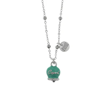 Amo Capri – Collana in Metallo con campanella portafortuna verde acqua, con scritta Capri