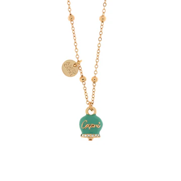 Amo Capri – Collana in Metallo con campanella portafortuna verde marino e scritta Capri