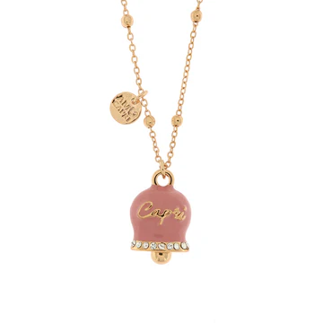 Amo Capri – Collana in Metallo con campanella grande rosa e scritta Capri